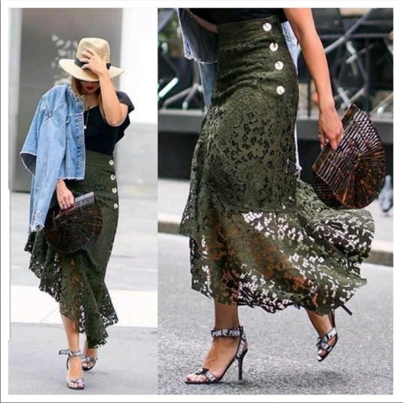 Zara lace green asymmetrical side buttons skirt - Picture 6 of 8